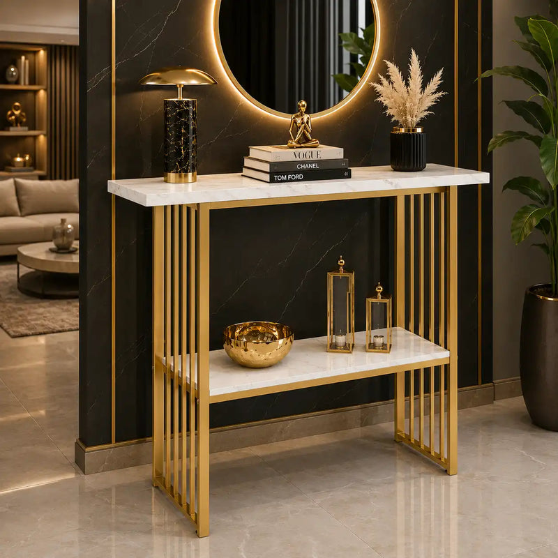 Modern Gold Frame Console Table with Marble Top and Lower Shelf