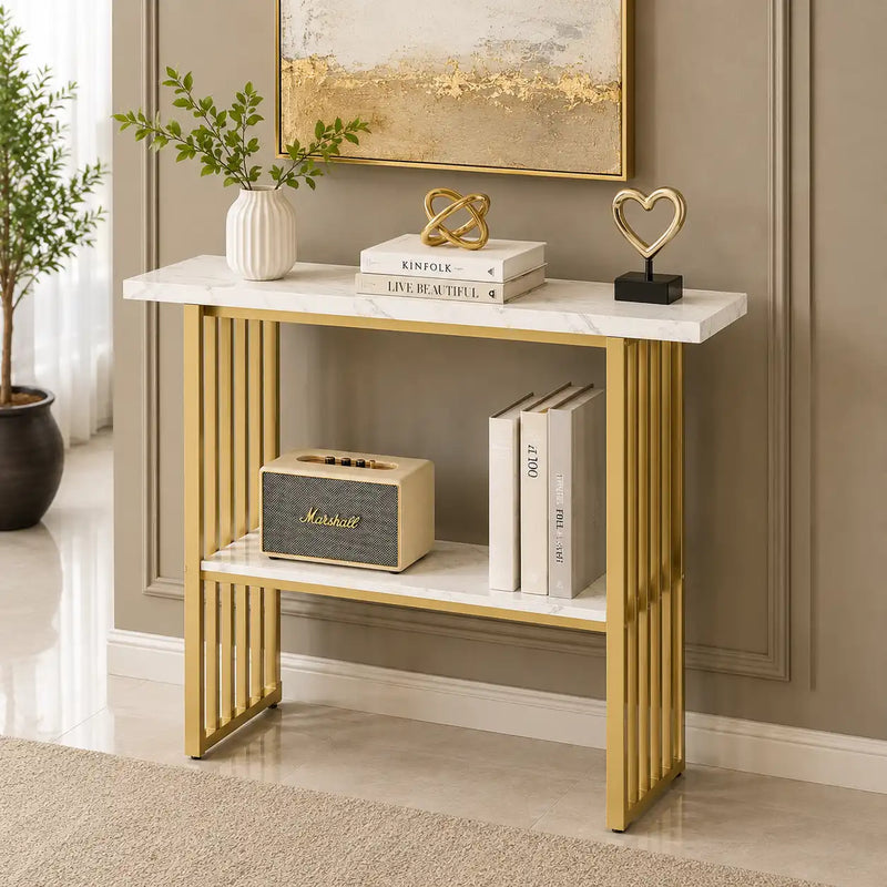 Modern Gold Frame Console Table with Marble Top and Lower Shelf