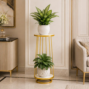Modern Gold Metal Plant Stand with Marble Shelves