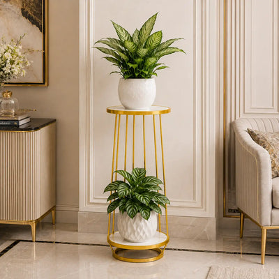 Modern Gold Metal Plant Stand with Marble Shelves