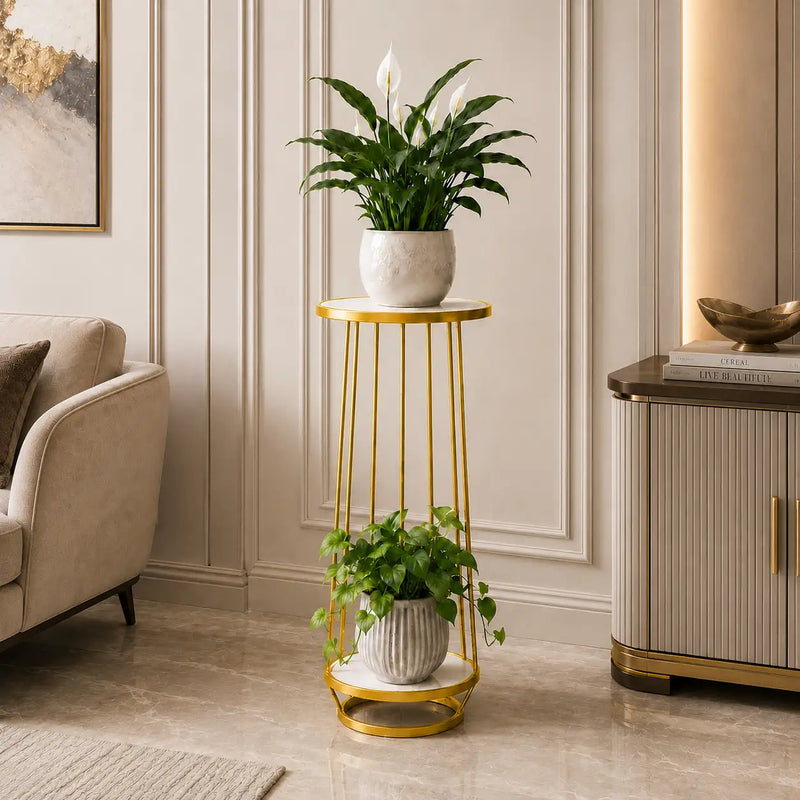 Modern Gold Metal Plant Stand with Marble Shelves