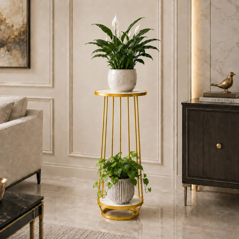 Modern Gold Metal Plant Stand with Marble Shelves