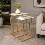 Modern Gold Nesting Tables with White Marble Tops – Set of 2