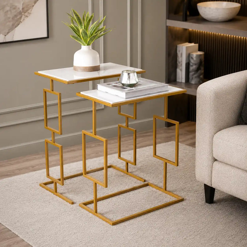 Modern Gold Nesting Tables with White Marble Tops – Set of 2