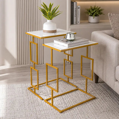 Modern Gold Nesting Tables with White Marble Tops – Set of 2