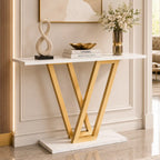 Modern Gold V-Shaped Base Console Table with White Marble Top