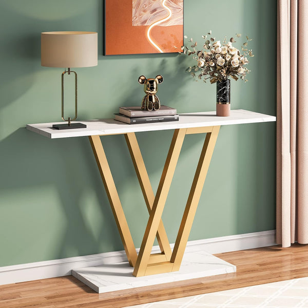 Modern Gold V-Shaped Base Console Table with White Marble Top