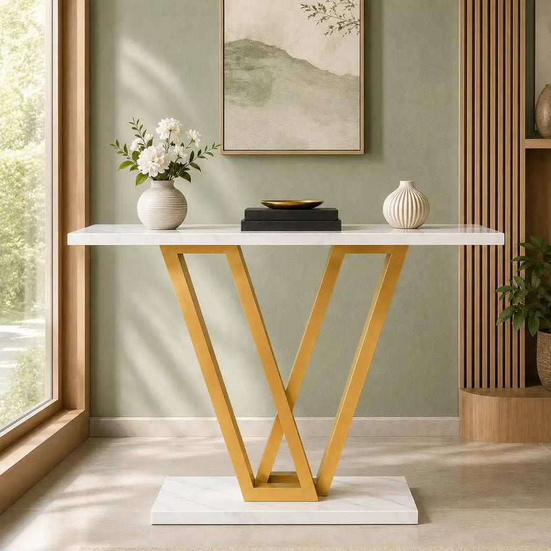 Modern Gold V-Shaped Base Console Table with White Marble Top