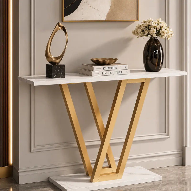 Modern Gold V-Shaped Base Console Table with White Marble Top