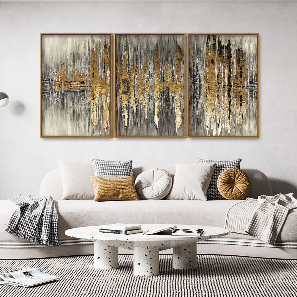 Modern Golden Abstract Design Premium Floating Canvas Wall Painting Set of Three