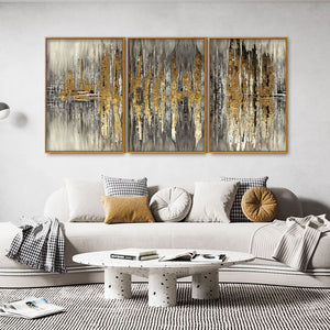 Modern Golden Abstract Design Premium Floating Canvas Wall Painting Set of Three