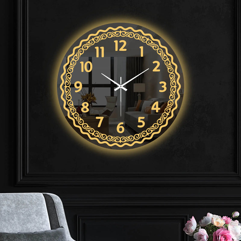 Modern Golden Accent LED Mirror Wall Clock with Embellishing Border