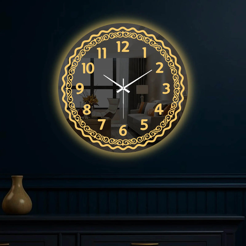 Modern Golden Accent LED Mirror Wall Clock with Embellishing Border