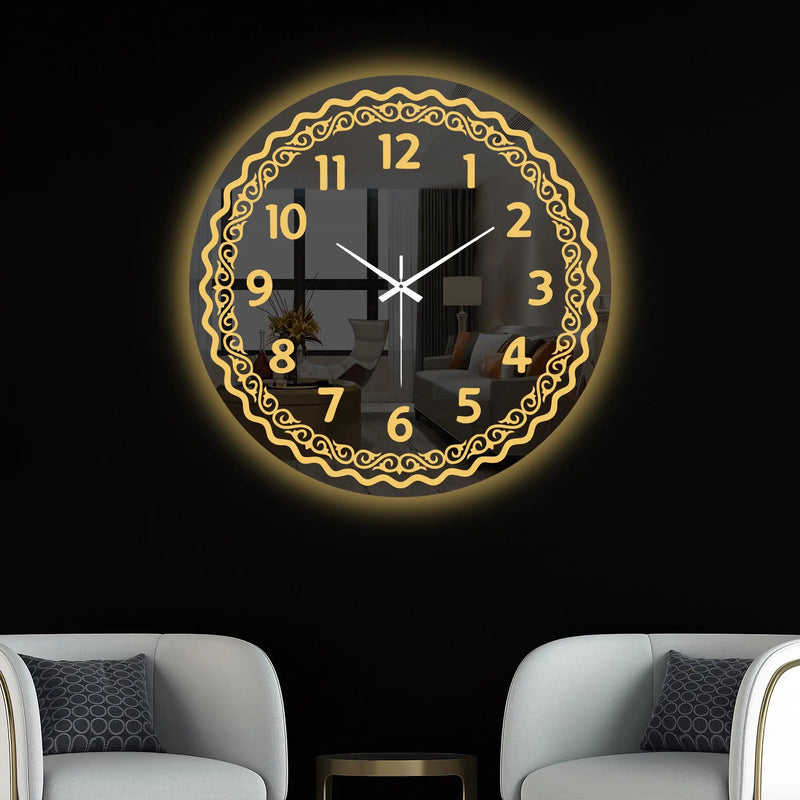 Modern Golden Accent LED Mirror Wall Clock with Embellishing Border