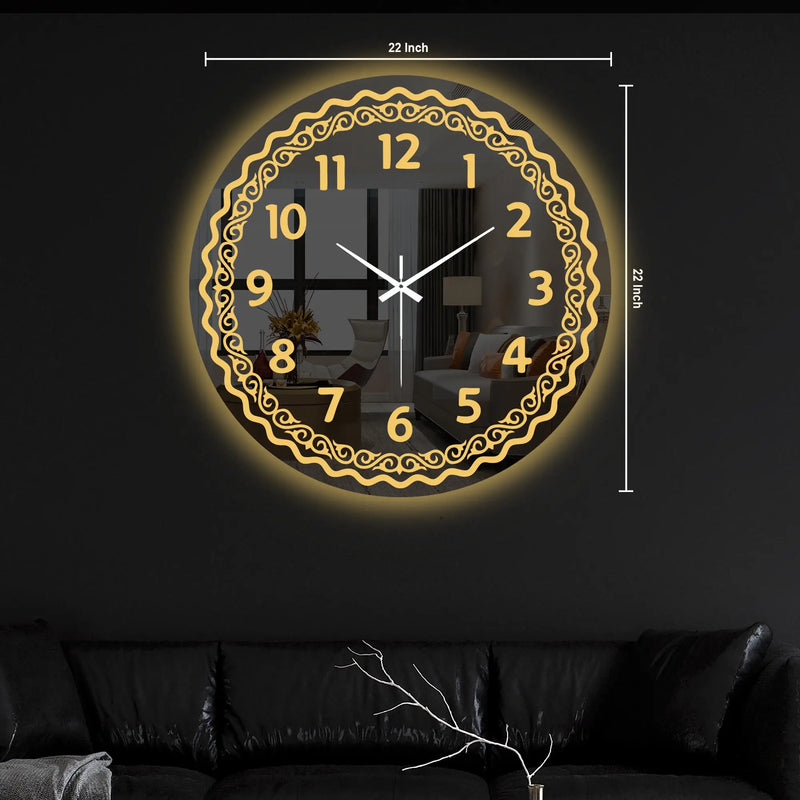 Modern Golden Accent LED Mirror Wall Clock with Embellishing Border