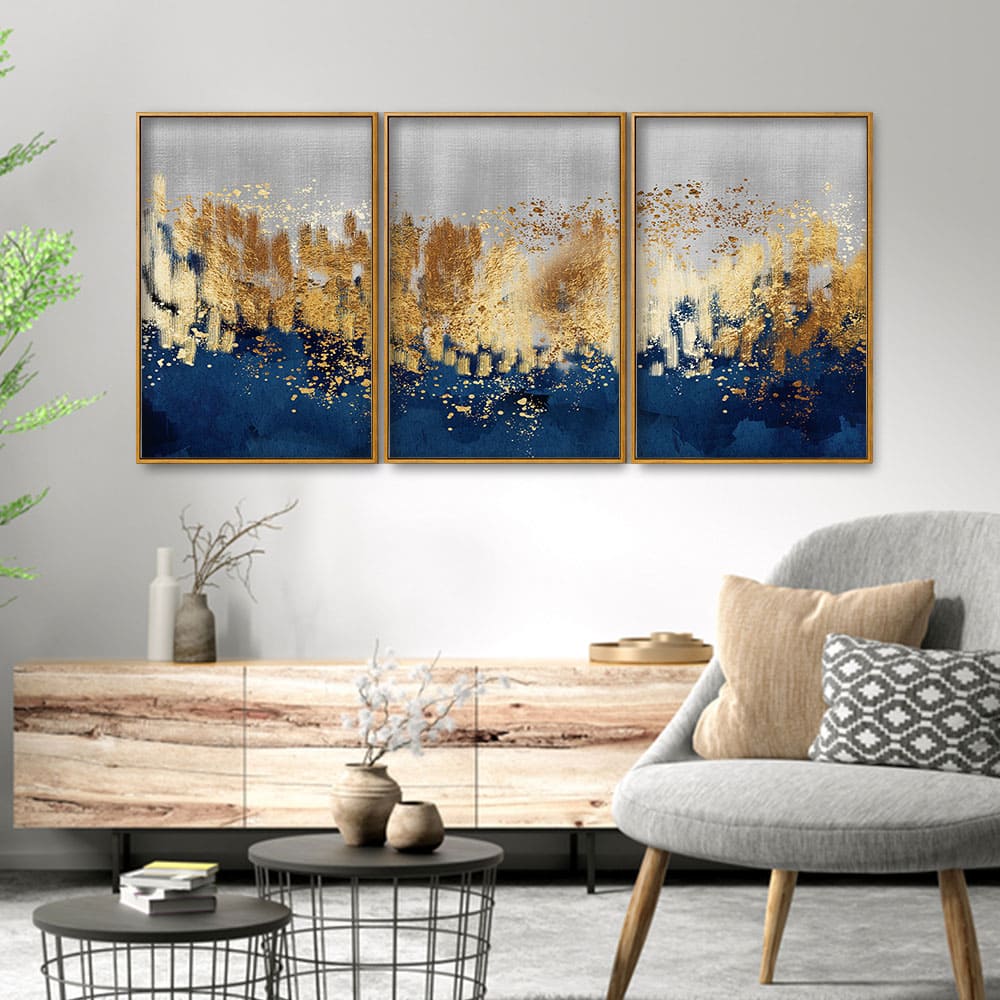 Modern Golden Art Textured Design Premium Floating Canvas Wall Painting Set of Three