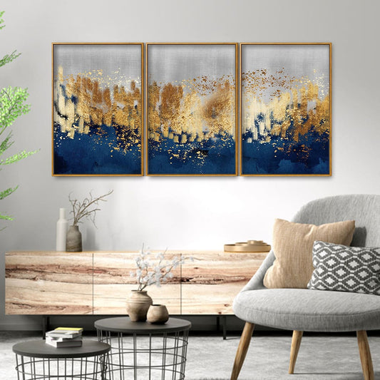 Modern Golden Art Textured Design Premium Floating Canvas Wall Painting Set of Three