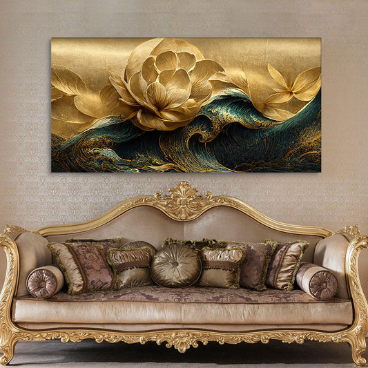 Modern Golden Flower and Waves Canvas Wall Painting