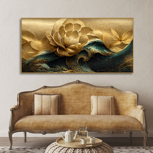 Modern Golden Flower and Waves Canvas Wall Painting