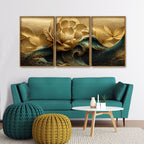 Modern Golden Flower and Waves Floating Canvas Wall Painting Set of Three