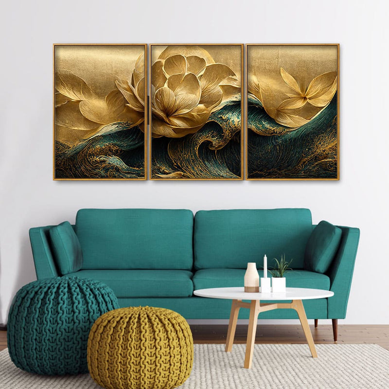 Modern Golden Flower and Waves Floating Canvas Wall Painting Set of Three