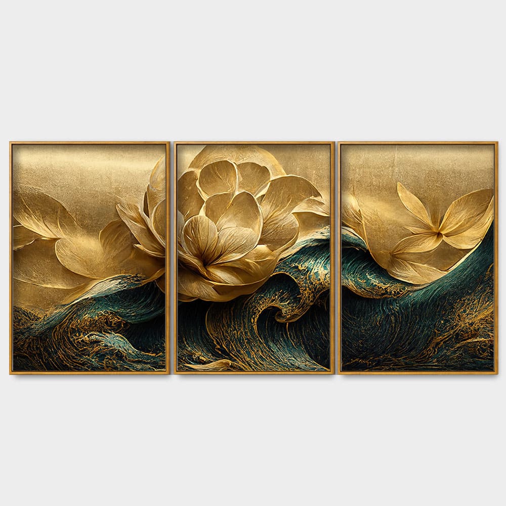 Modern Golden Flower and Waves Floating Canvas Wall Painting Set of Three