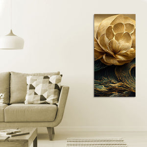 Modern Golden Flower and Waves Premium Canvas Wall Painting