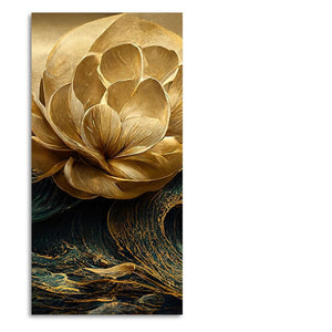 Modern Golden Flower and Waves Premium Canvas Wall Painting