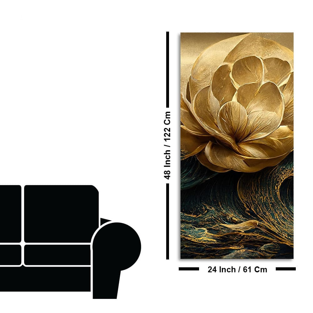 Modern Golden Flower and Waves Premium Canvas Wall Painting