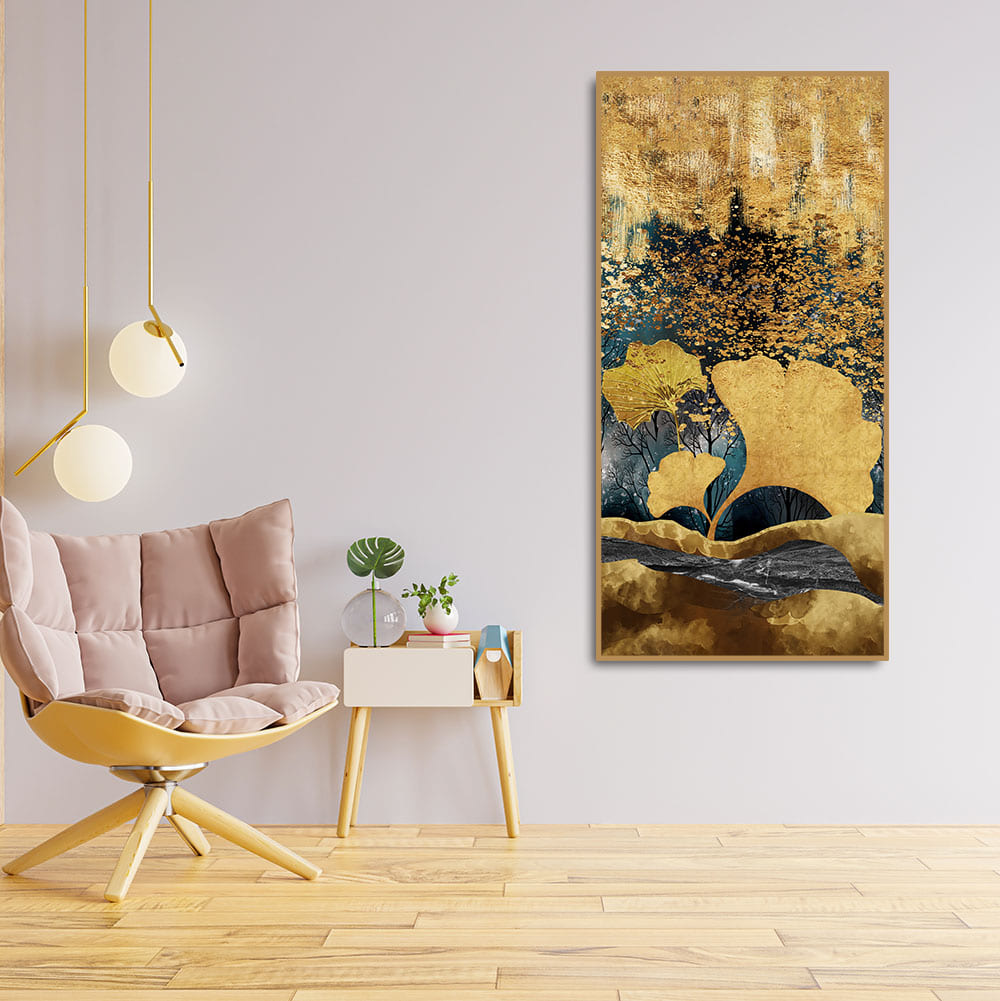 Modern Golden Ginkgo Leaves with Mountains Premium Canvas Wall Painting