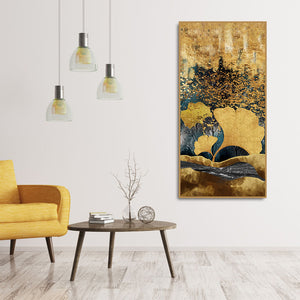 Modern Golden Ginkgo Leaves with Mountains Premium Canvas Wall Painting