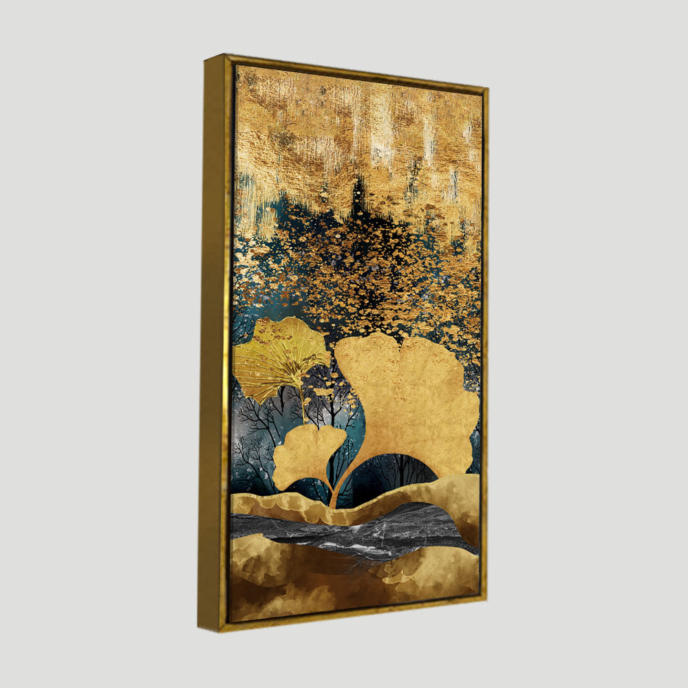 Modern Golden Ginkgo Leaves with Mountains Premium Canvas Wall Painting