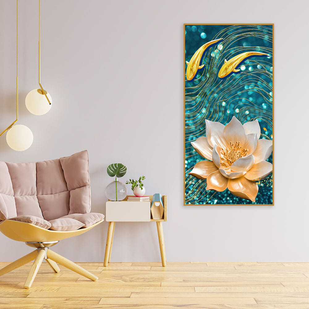 Modern Golden Lotus with koi Fish Abstract Canvas Wall Painting