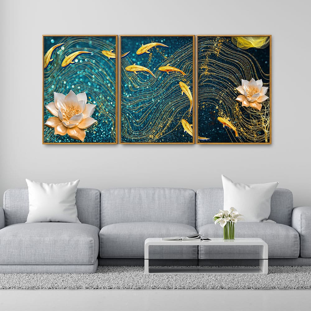 Modern Golden Lotus with koi Fish Abstract Floating Canvas Wall Painting Set of Three