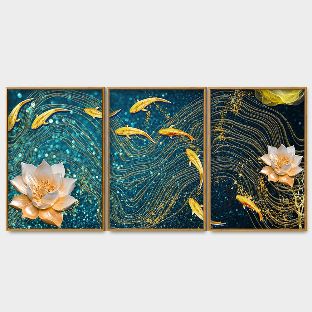 Modern Golden Lotus with koi Fish Abstract Floating Canvas Wall Painting Set of Three