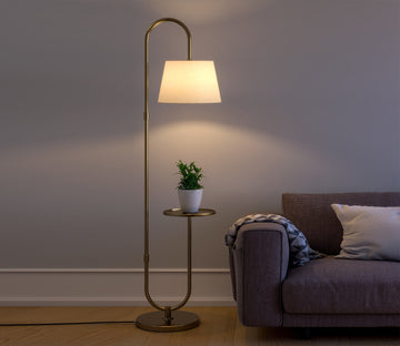 Modern Golden Metal Finish Curved Floor Lamp Standing with Table Shelf