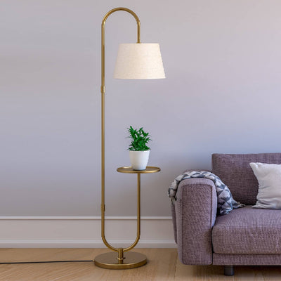 Modern Golden Metal Finish Curved Floor Lamp Standing with Table Shelf