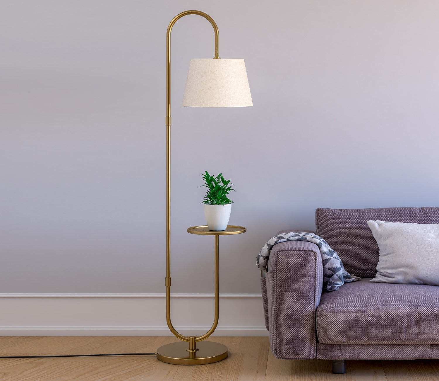 Modern Golden Metal Finish Curved Floor Lamp Standing with Table Shelf