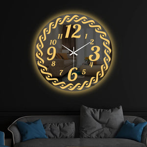 Modern Golden Swirl Border LED Mirror Wall Clock with Decorative Numerals