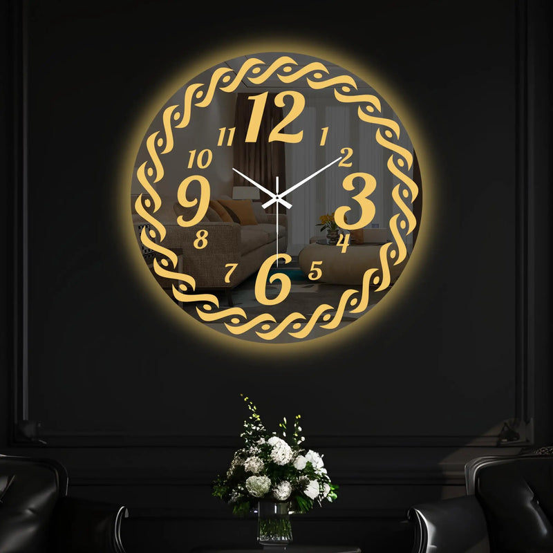 Modern Golden Swirl Border LED Mirror Wall Clock with Decorative Numerals