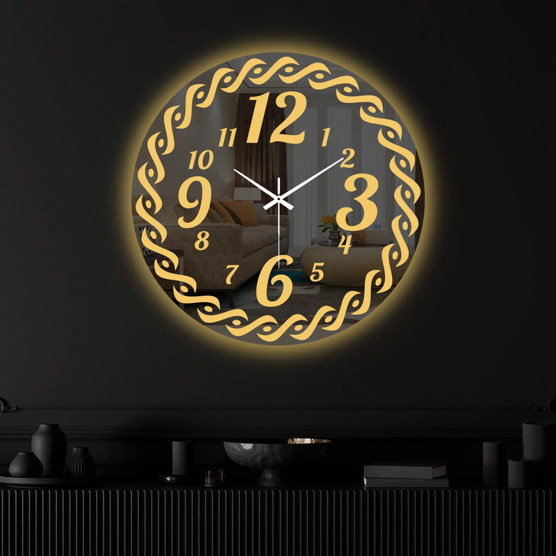Modern Golden Swirl Border LED Mirror Wall Clock with Decorative Numerals
