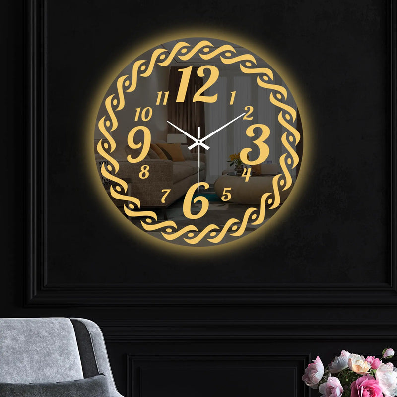 Modern Golden Swirl Border LED Mirror Wall Clock with Decorative Numerals