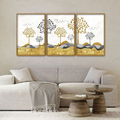Modern Golden Tree Art Premium Floating Canvas Wall Painting Set of Three