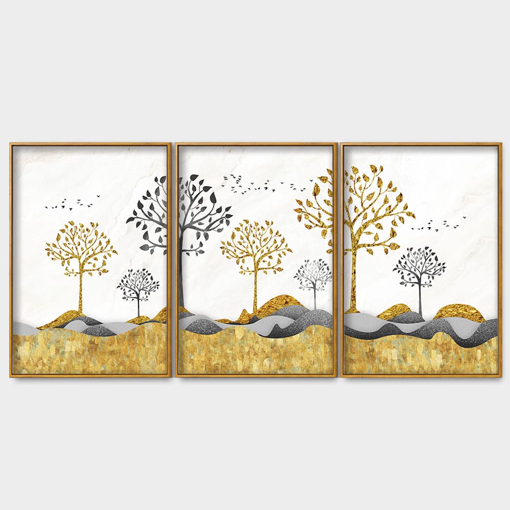 Modern Golden Tree Art Premium Floating Canvas Wall Painting Set of Three