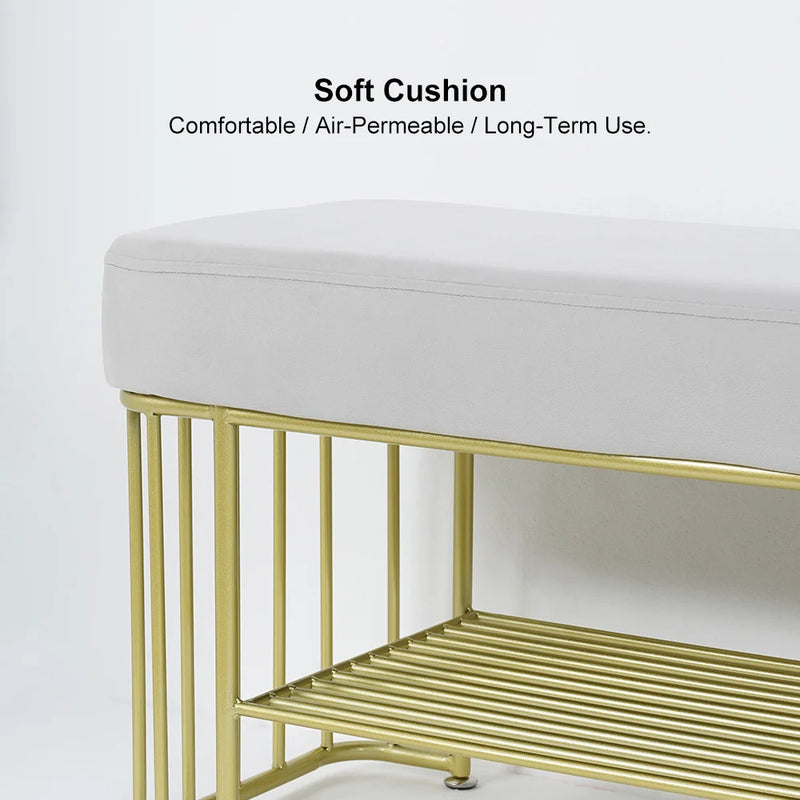 Modern Gray Velvet Upholstered Bench with Shoe Rack Storage