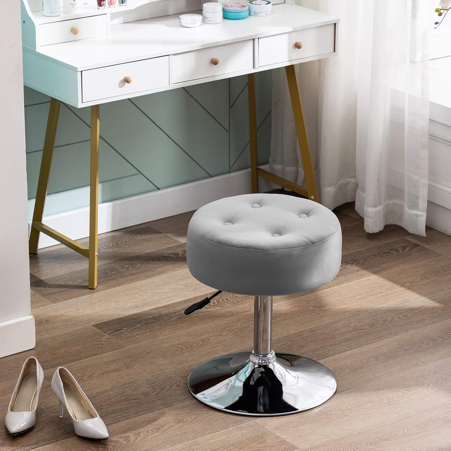 Modern Grey Adjustable Vanity Stool with Tufted Cushion