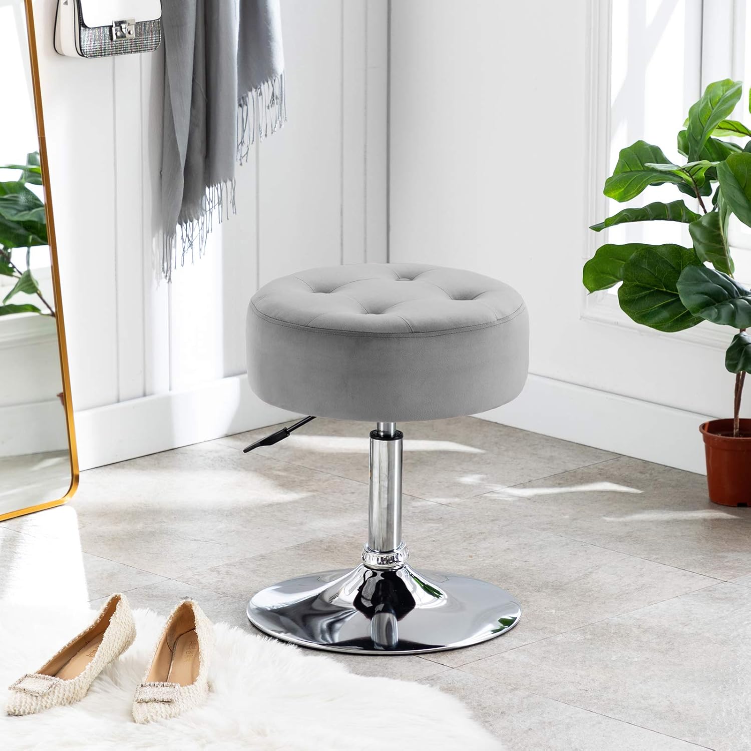 Modern Grey Adjustable Vanity Stool with Tufted Cushion