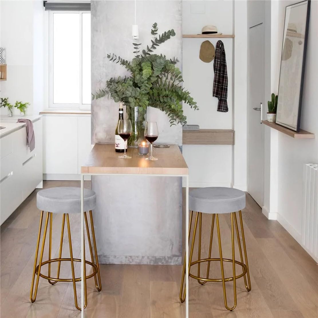 Modern Grey Velvet Bar Stools with Golden Base