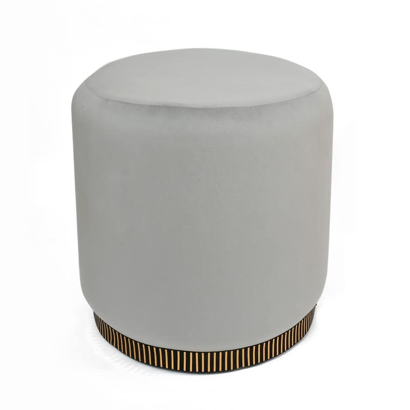 Modern Grey Velvet Pouffe with Geometric Base Design