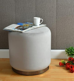 Modern Grey Velvet Pouffe with Geometric Base Design